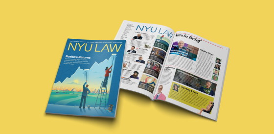 2026 NYU Law Magazine cover and open spread