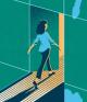 Illustration of a female figure walking through a doorway where the wall is a map of North America