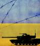 Ukrainian flag overlaid over tank and barbed wire