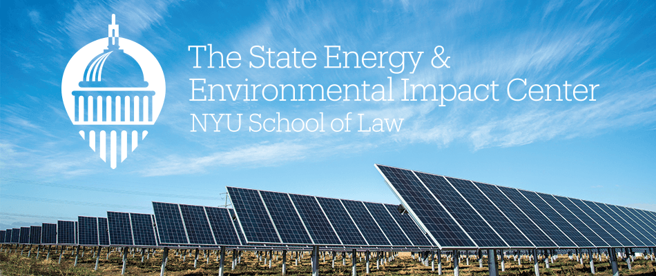 The State Energy and Environmental Impact Center at NYU; solar panels in a field; Center logo