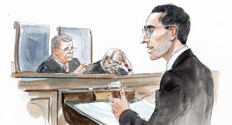 Illustration of Nathan Wessler before a judge