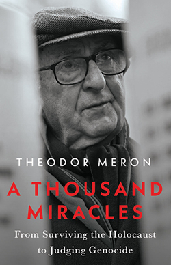 Book cover of Theodor Meron memoir A THOUSAND MIRACLES with photo of Meron in a cap
