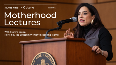 Motherhood Lectures text in front of founder speaking at a podium