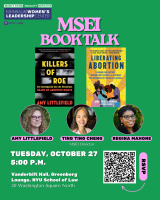 Promotional poster with 2 book covers and 3 headshots of Amy Littlefield (author), Ting Ting Cheng (moderator), and Regina Mahone (author). Location and time: Tuesday, October 27 at 5:00 pm in Vanderbilt Hall, Greenberg lounge. 
