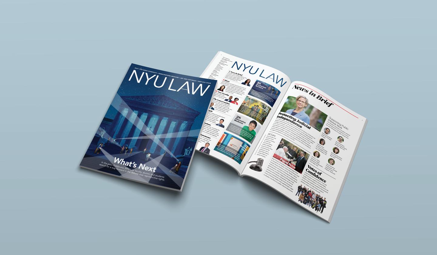 2023 NYU Law Magazine cover and open pages