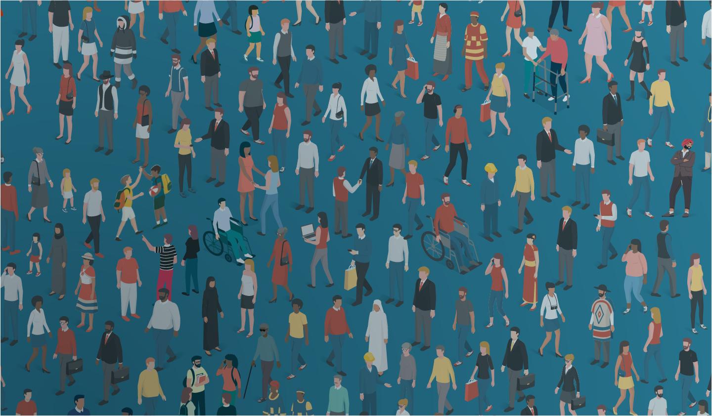 Illustration of many kinds of people on blue background