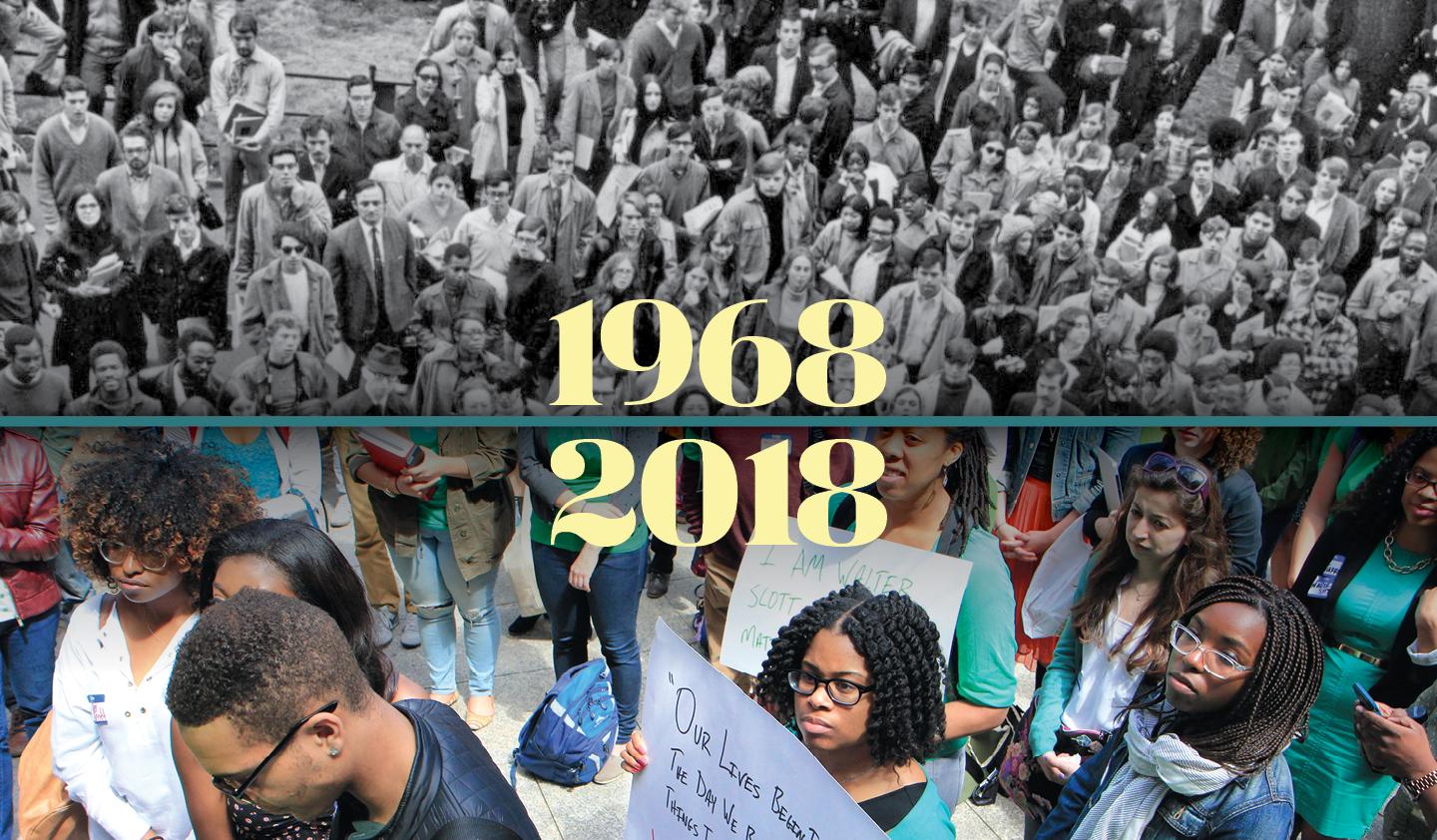Demonstration in Washington Square Park in 1968, and BALSA demonstration against police violence in 2015.