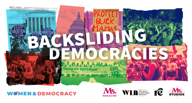 Colorful images of various protests with the words Backsliding Democracies