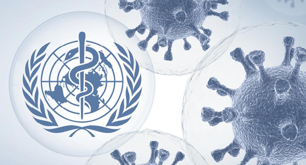 COVID-19 cells and the World Health Organization logo