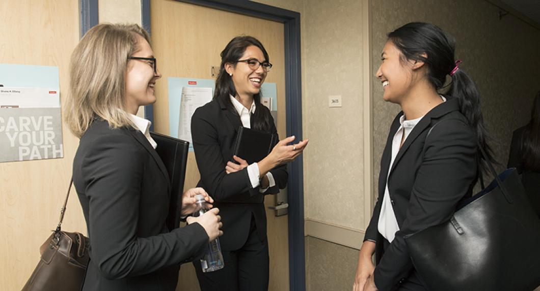 NYU Law students meeting with potential employers at Early Interview Week