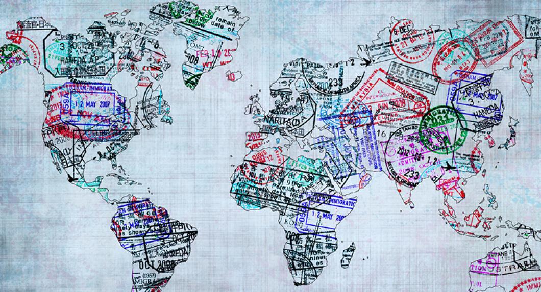 Map of the world made up of immigration stamps