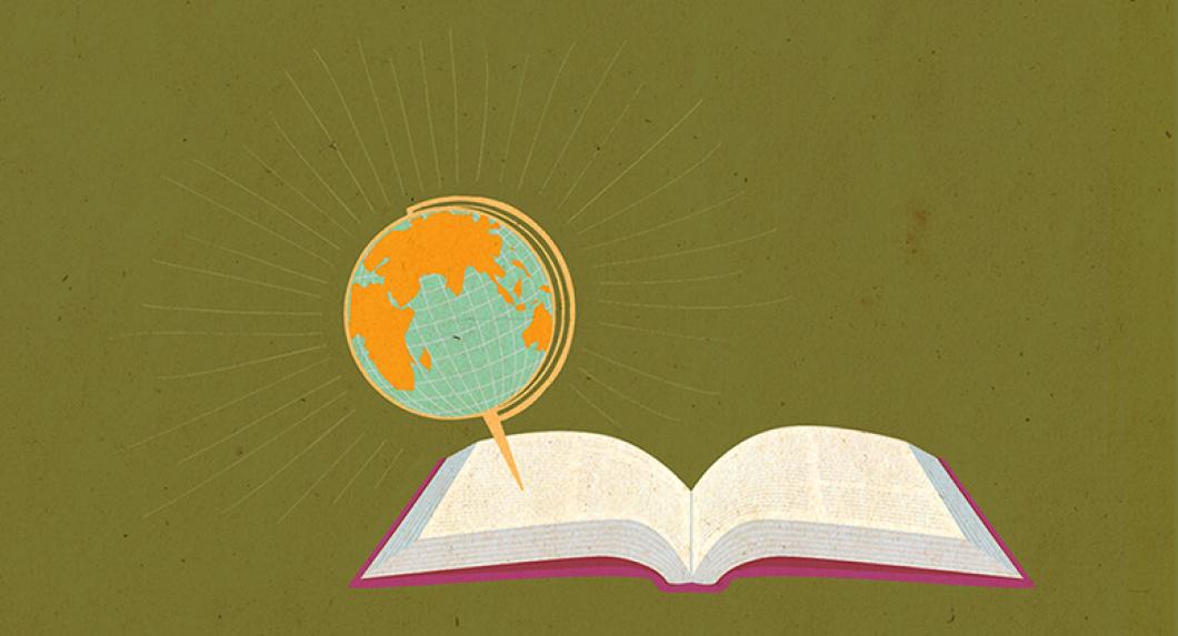 illustration of a book with a globe coming out