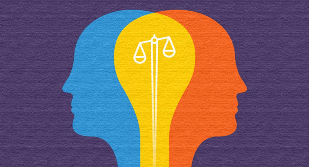 Two heads overlapping to create a Ven Diagram with the scales of justice in the overlapping space