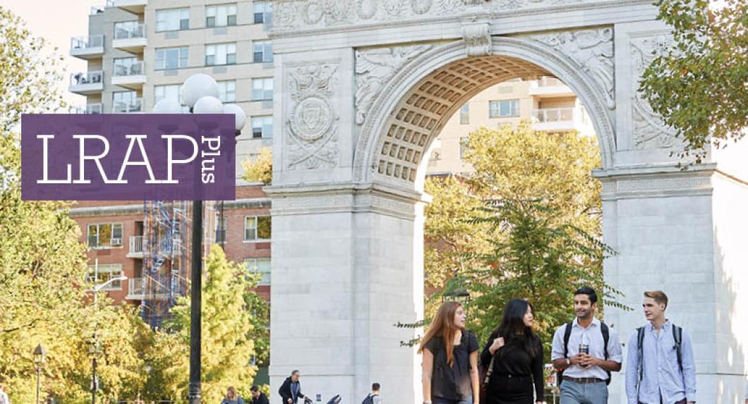 Students walking near the Washington Square Park Arch