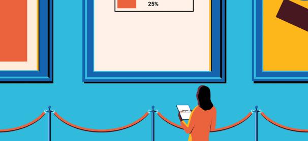 Illustration of a figure viewing artwork in a gallery, while holding a tablet displaying the same artwork