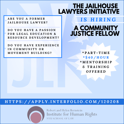 Blue graphic announcing JLI Community Justice Fellowship job opening