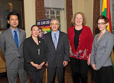 “Don’t ask, don’t tell” panel discussion in 2011 with Kenji Yoshino, Irene Dorzback,  E. Joshua Rosenkranz, Sylvia Law ’68, and Margaret Satterthwaite ’99.