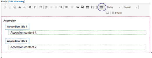 Screenshot of WYSIWYG with "Accordion" button circled