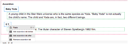 Screenshot of sample accordion with "add accordion tab after" dropdown selected