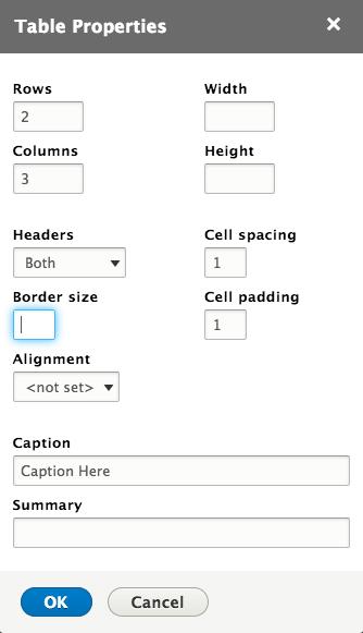 Table Headings and Properties