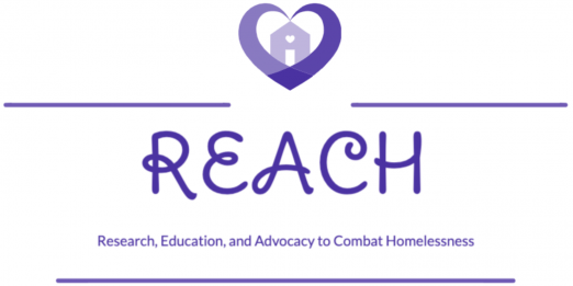 Image description: A purple home enveloped in a purple heart. Below, purple letters that read "REACH: Research, Education, and Advocacy to Combat Homelessness"