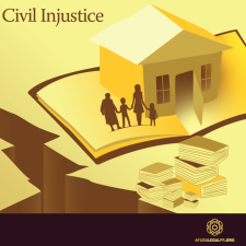 Civil Injustice graphic with a house and family near a chasm