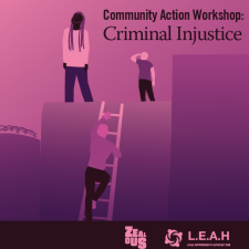 Community Action Workshop: Criminal Injustice graphic featuring three people climbing a ladder