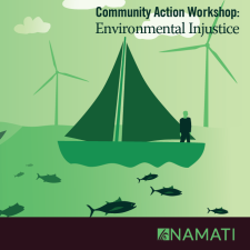 Community Action Workshop: Environmental Injustice graphic of a sailboat on an ocean surrounded by fish and wind turbines