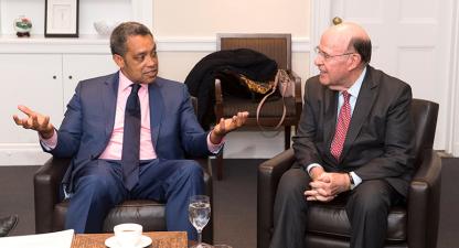 DC Attorney General Karl Racine conversing with former Attorney General Robert Abrams '63