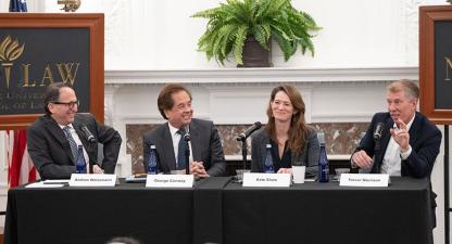 Andrew Weissmann, George Conway, Kate Shaw, and Trevor Morrison at a table