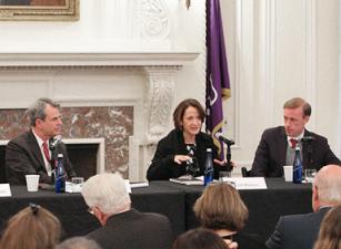 From left to right: John Bellinger, Avril Haines and Jake Sullivan speaking on a panel at the Reiss Center on Law and Security Launch Event