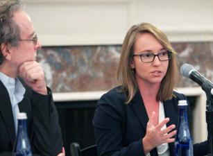 From left to right David Golove and Tess Bridgeman speaking on a panel at the Reiss Center on Law and Security Launch Event