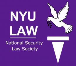 Logo of the NYU Law National Security Law Society. Displays a white NYU torch on a purple background - but where a flame would be, a dove stretches its wings, olive branch in its beak. 