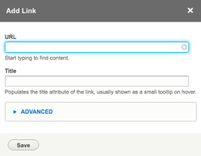 Screenshot of adding an internal link in drupal