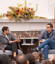 Melissa Murray and Chris Hayes having a discussion at a NYU Law Forum
