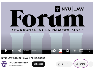 Screenshot of NYU Law Forum video on YouTube with the share icon circled