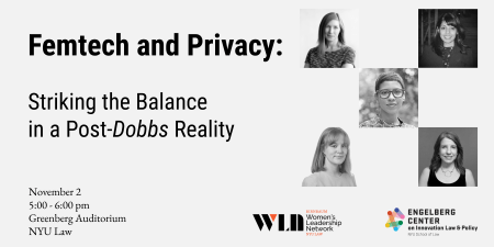 Banner for Femtech and Privacy event featuring headshots of the panelists and moderators