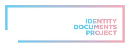 A rectangle with shading from blue to pink, enclosing the words "Identity Documents Project" with the same blue to pick coloration