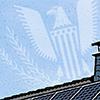 An illustration of an eagle superimposed on a rooftop with solar panels.