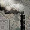 A plume of emissions billowing from a smokestack, with dollar bills overlaid.