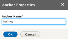 Screenshot of Anchor Properties window in Drupal