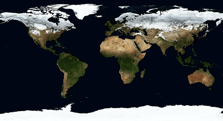 A satellite image of Earth, showing all seven continents.